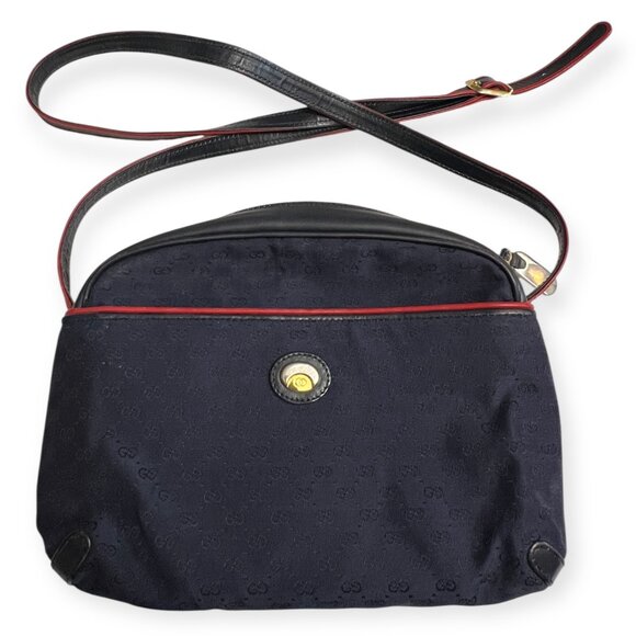 Vintage Gucci GG Monogram Navy Canvas Leather Crossbody Bag Red Trim Logo Italy - Picture 1 of 12